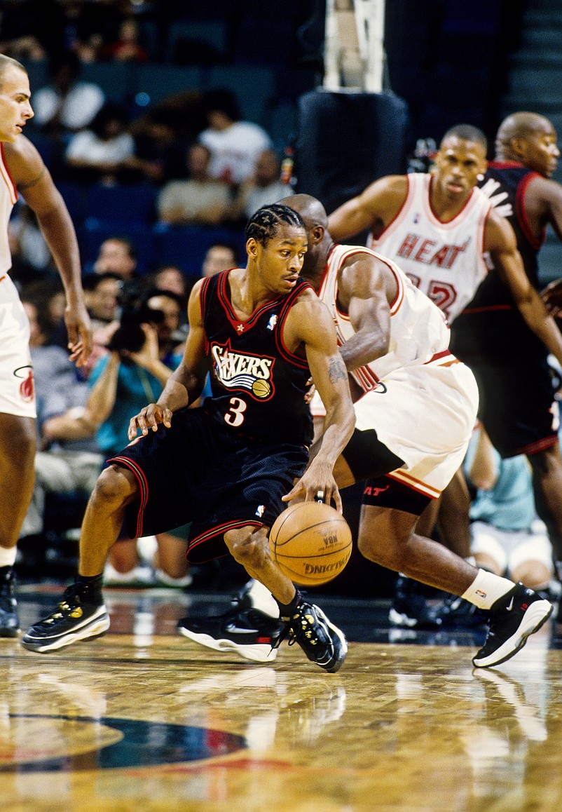 Unknown date, 1997; Miami, FL; USA; FILE PHOTO; Philadelphia 76ers guard Allen Iverson (3) in action against the Miami Heat at the Miami Arena. Mandatory Credit: RVR Photos-Imagn Images