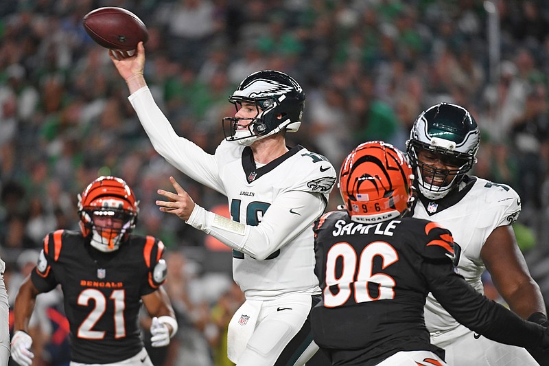 Aug 7, 2025; Philadelphia, Pennsylvania, USA; Philadelphia Eagles quarterback Tanner McKee (16) throws a pass against the Cincinnati Bengals during the second quarter at Lincoln Financial Field. Mandatory Credit: Eric Hartline-Imagn Images