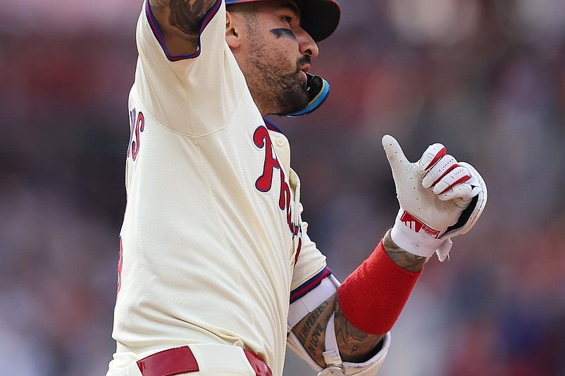 Aug 2, 2025; Philadelphia, Pennsylvania, USA; Philadelphia Phillies outfielder Nick Castellanos (8) reacts to his two RBI home run against the Detroit Tigers during the seventh inning at Citizens Bank Park. Mandatory Credit: Bill Streicher-Imagn Images