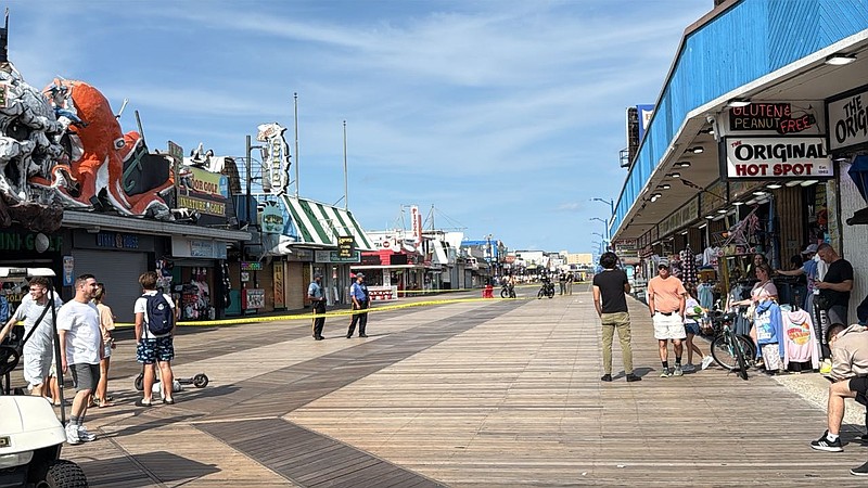 Police officers block off a section of the Wildwood Boardwalk while investigating the bomb scare. (Facebook photo courtesy of Liam Cherkasky of “Wildwood Past & Present”)