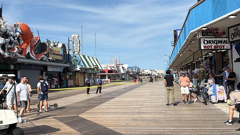 Police officers block off a section of the Wildwood Boardwalk while investigating the bomb scare. (Facebook photo courtesy of Liam Cherkasky of “Wildwood Past & Present”)