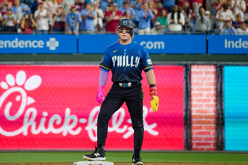 Aug 1, 2025; Philadelphia, Pennsylvania, USA; Philadelphia Phillies outfielder Harrison Bader stands on second base against the Detroit Tigers at Citizens Bank Park. (Grace Del Pizzo/On Pattison)