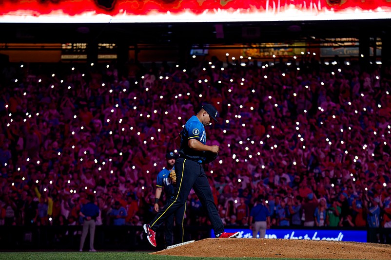 Aug 1, 2025; Philadelphia, Pennsylvania, USA; Philadelphia Phillies closer Jhoan Duran takes the mound for the ninth inning against the Detroit Tigers at Citizens Bank Park. (Grace Del Pizzo/On Pattison)