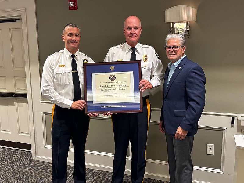 From left, Lt. Joseph Scullion, Margate Police Chief Matthew Hankinson and NJ State Association of Chiefs of Police Accreditation Program Manager Harry Delgado, Aug. 7, 2025