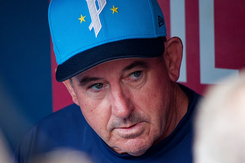 Aug 1, 2025; Philadelphia, Pennsylvania, USA; Philadelphia Phillies manager Rob Thomson speaks to the media pregame at Citizens Bank Park. (Grace Del Pizzo/On Pattison)