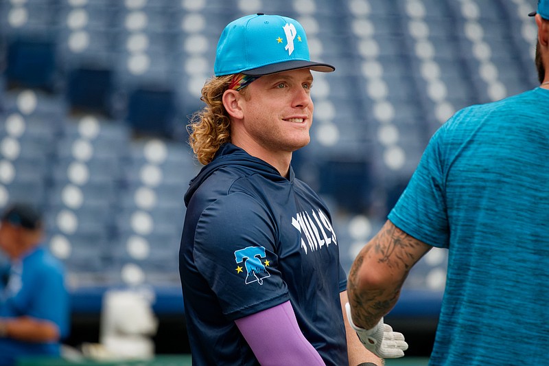 Aug 1, 2025; Philadelphia, Pennsylvania, USA; Philadelphia Phillies outfielder Harrison Bader talks with his teammates during batting practice at Citizens Bank Park. (Grace Del Pizzo/On Pattison)