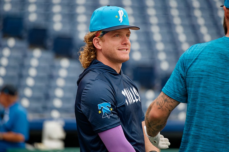 Aug 1, 2025; Philadelphia, Pennsylvania, USA; Philadelphia Phillies outfielder Harrison Bader talks with his teammates during batting practice at Citizens Bank Park. (Grace Del Pizzo/On Pattison)