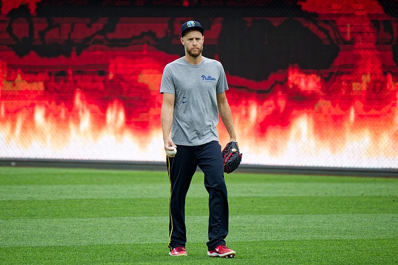 Aug 1, 2025; Philadelphia, Pennsylvania, USA; Philadelphia Phillies pitcher Zack Wheeler walks in from the outfield at Citizens Bank Park. (Grace Del Pizzo/On Pattison)