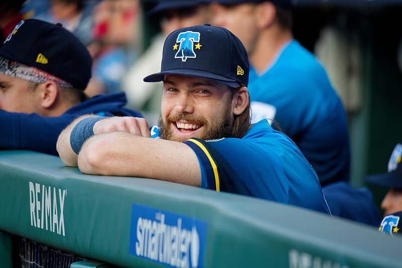 Aug 1, 2025; Philadelphia, Pennsylvania, USA; Philadelphia Phillies outfielder Brandon Marsh laughs during Toyota Phillies Wall of Fame Night at Citizens Bank Park. (Grace Del Pizzo/On Pattison)
