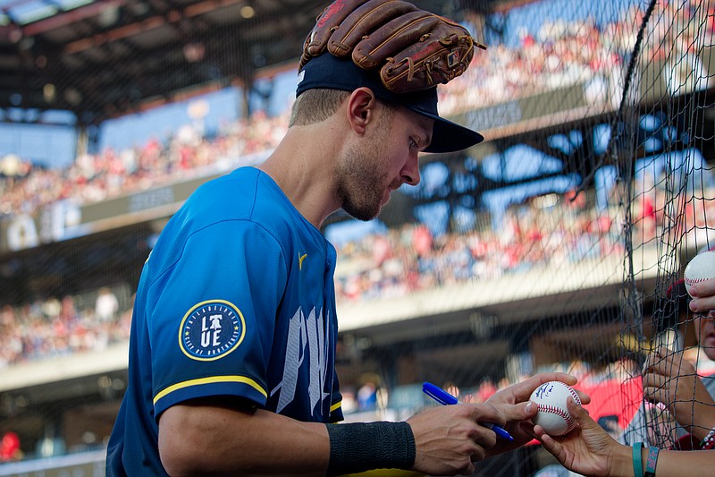 Aug 1, 2025; Philadelphia, Pennsylvania, USA; Philadelphia Phillies shortstop Trea Turner signs autographs for fans before a game against the Detroit Tigers at Citizens Bank Park. (Grace Del Pizzo/On Pattison)