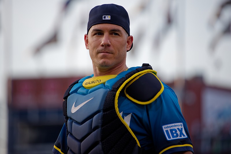 Aug 1, 2025; Philadelphia, Pennsylvania, USA; Philadelphia Phillies catcher J.T. Realmuto heads to the dugout before a game against the Detroit Tigers at Citizens Bank Park. (Grace Del Pizzo/On Pattison)