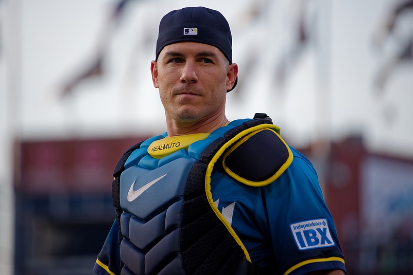 Aug 1, 2025; Philadelphia, Pennsylvania, USA; Philadelphia Phillies catcher J.T. Realmuto heads to the dugout before a game against the Detroit Tigers at Citizens Bank Park. (Grace Del Pizzo/On Pattison)