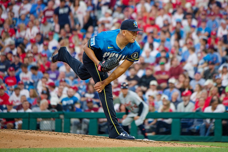 Aug 1, 2025; Philadelphia, Pennsylvania, USA; Philadelphia Phillies pitcher Ranger Suárez throws a pitch against the Detroit Tigers at Citizens Bank Park. (Grace Del Pizzo/On Pattison)