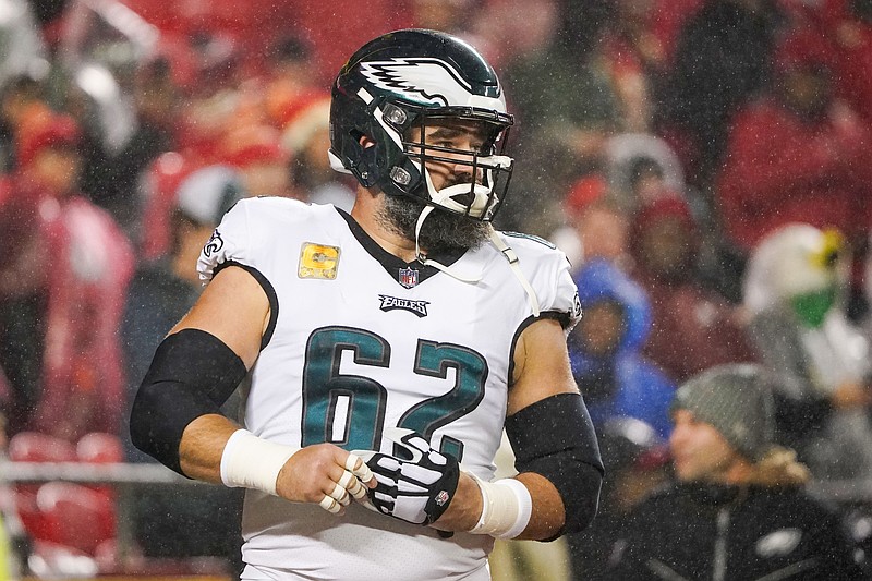 Nov 20, 2023; Kansas City, Missouri, USA; Philadelphia Eagles center Jason Kelce (62) warms up against theKansas City Chiefs prior to a game at GEHA Field at Arrowhead Stadium. Mandatory Credit: Denny Medley-USA TODAY Sports