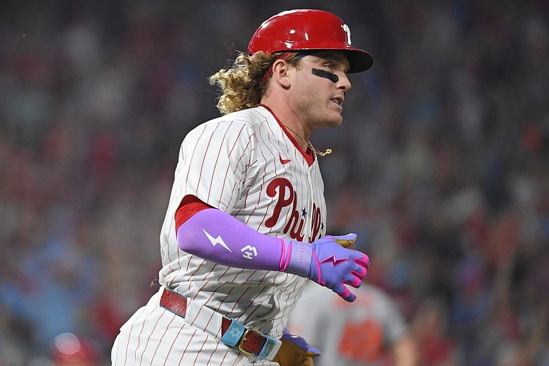 Aug 4, 2025; Philadelphia, Pennsylvania, USA; Philadelphia Phillies outfielder Harrison Bader (2) reacts after hitting a 3-run home run during the sixth inning against the Baltimore Orioles at Citizens Bank Park. Mandatory Credit: Eric Hartline-Imagn Images