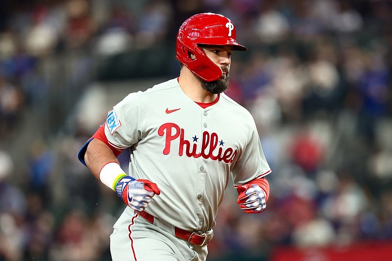 Aug 8, 2025; Arlington, Texas, USA;  Philadelphia Phillies designated hitter Kyle Schwarber (12) runs the bases after hitting a home run during the first inning against the Texas Rangers at Globe Life Field. Mandatory Credit: Kevin Jairaj-Imagn Images