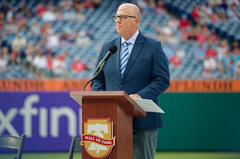 Aug 1, 2025; Philadelphia, Pennsylvania, USA; Broadcaster Tom McCarthy welcomes the crowd to Toyota Phillies Wall of Fame Night at Citizens Bank Park. (Grace Del Pizzo/On Pattison)