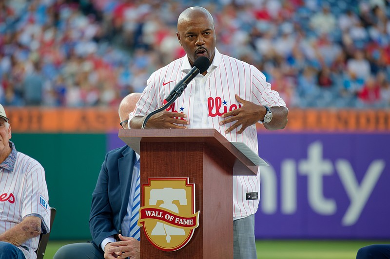 Aug 1, 2025; Philadelphia, Pennsylvania, USA; Jimmy Rollins addresses the Phillies dugout during Toyota Phillies Wall of Fame Night at Citizens Bank Park. (Grace Del Pizzo/On Pattison)