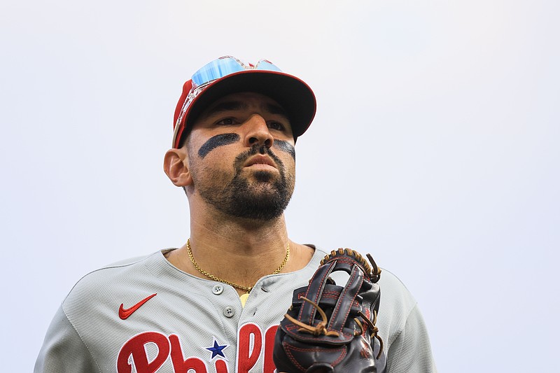 Aug 11, 2025; Cincinnati, Ohio, USA; Philadelphia Phillies outfielder Nick Castellanos (8) runs off the field at the end of the third inning against the Cincinnati Reds at Great American Ball Park. Mandatory Credit: Katie Stratman-Imagn Images