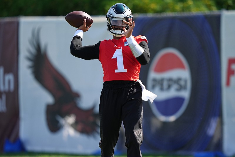 Jul 23, 2025; Philadelphia, PA, USA; Philadelphia Eagles quarterback Jalen Hurts (1) runs a practice drill during training camp at NovaCare Complex. Mandatory Credit: Kyle Ross-Imagn Images