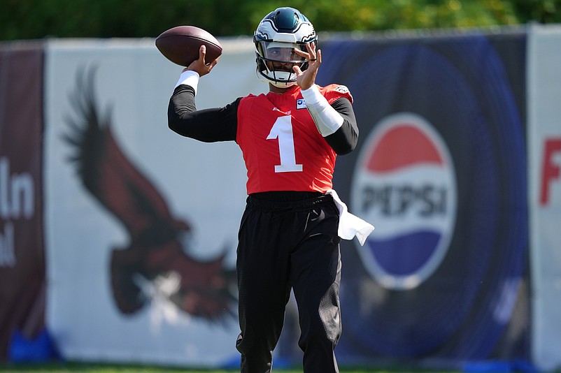Jul 23, 2025; Philadelphia, PA, USA; Philadelphia Eagles quarterback Jalen Hurts (1) runs a practice drill during training camp at NovaCare Complex. Mandatory Credit: Kyle Ross-Imagn Images
