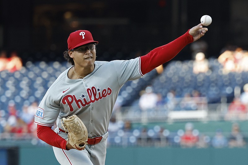 Aug 14, 2025; Washington, District of Columbia, USA; Philadelphia Phillies starting pitcher Jesœs Luzardo (44) pitches against the Washington Nationals during the first inning at Nationals Park. Mandatory Credit: Geoff Burke-Imagn Images