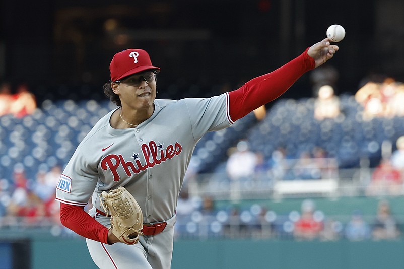 Aug 14, 2025; Washington, District of Columbia, USA; Philadelphia Phillies starting pitcher Jesœs Luzardo (44) pitches against the Washington Nationals during the first inning at Nationals Park. Mandatory Credit: Geoff Burke-Imagn Images