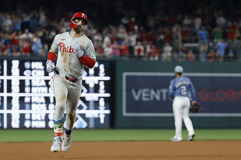 Aug 15, 2025; Washington, District of Columbia, USA; Philadelphia Phillies first baseman Bryce Harper (3) rounds the bases after hitting a solo home run against the Washington Nationals during the seventh inning at Nationals Park. Mandatory Credit: Geoff Burke-Imagn Images