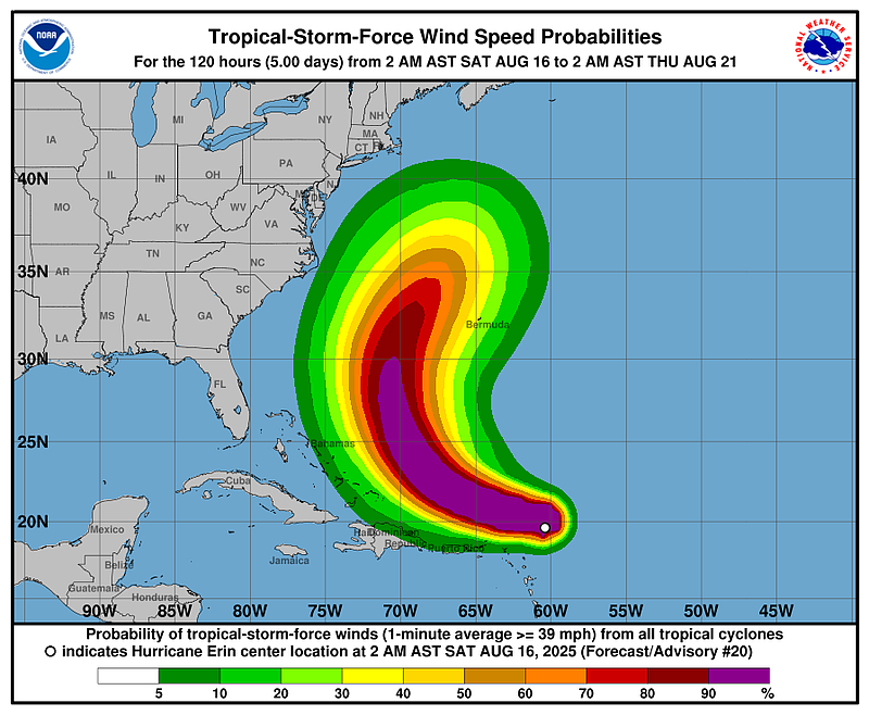 National Weather Service/Hurricane Erin, Aug. 16. 2025.