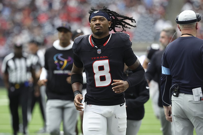 Sep 29, 2024; Houston, Texas, USA; Houston Texans wide receiver John Metchie III (8) during the game against the Jacksonville Jaguars at NRG Stadium. Mandatory Credit: Troy Taormina-Imagn Images