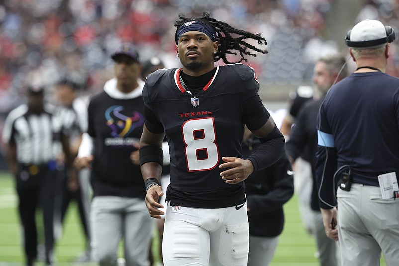 Sep 29, 2024; Houston, Texas, USA; Houston Texans wide receiver John Metchie III (8) during the game against the Jacksonville Jaguars at NRG Stadium. Mandatory Credit: Troy Taormina-Imagn Images