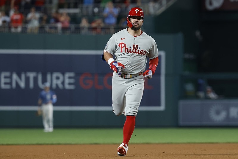 Aug 15, 2025; Washington, District of Columbia, USA; Philadelphia Phillies outfielder Kyle Schwarber (12) rounds the bases after hitting a three run home run against the Washington Nationals during the seventh inning at Nationals Park. Mandatory Credit: Geoff Burke-Imagn Images
