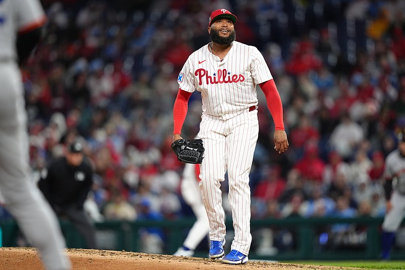 Apr 15, 2025; Philadelphia, Pennsylvania, USA; Philadelphia Phillies relief pitcher Jose Alvarado (46) reacts after recording a strikeout against the San Francisco Giants in the eighth inning at Citizens Bank Park. All players wore #42 for Jackie Robinson Day. Mandatory Credit: Kyle Ross-Imagn Images