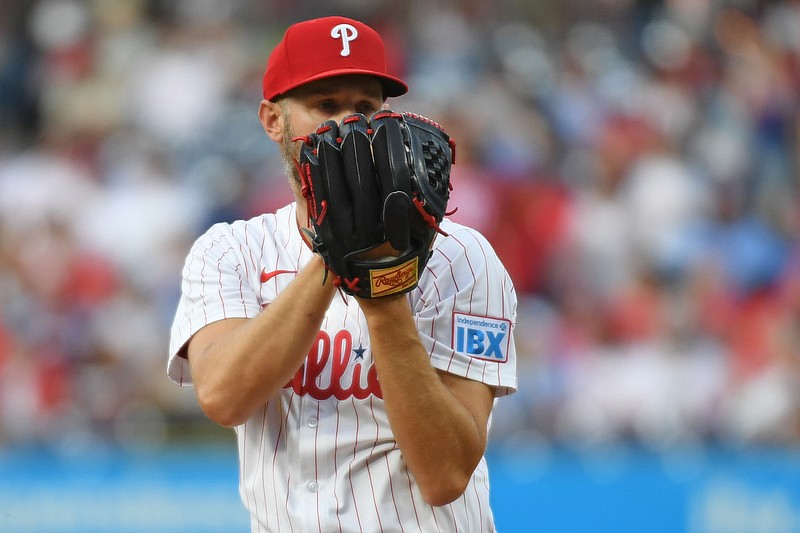 Apr 29, 2025; Philadelphia, Pennsylvania, USA; Philadelphia Phillies pitcher Zack Wheeler (45) against the Washington Nationals at Citizens Bank Park. Mandatory Credit: Eric Hartline-Imagn Images