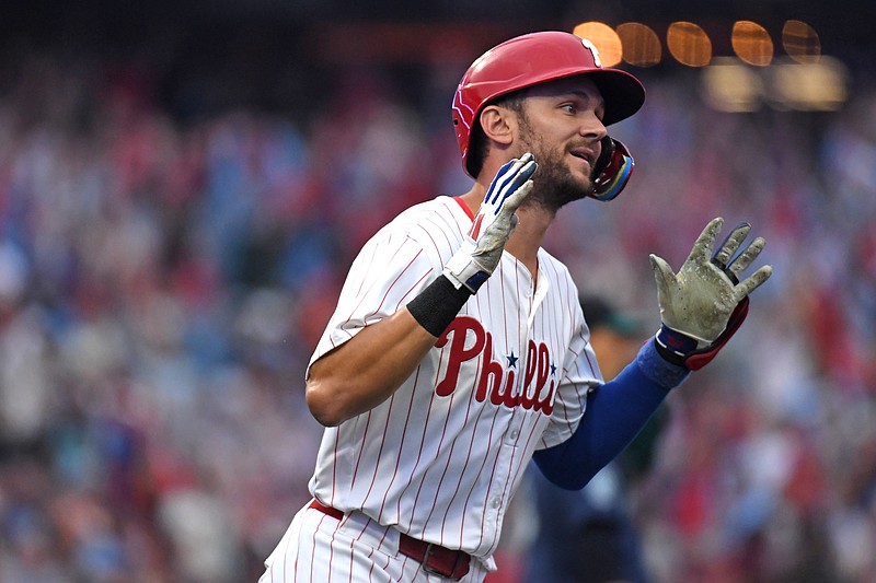 Aug 18, 2025; Philadelphia, Pennsylvania, USA; Philadelphia Phillies shortstop Trea Turner (7) celebrates  his three-run home run during the second inning against the Seattle Mariners at Citizens Bank Park. Mandatory Credit: Eric Hartline-Imagn Images
