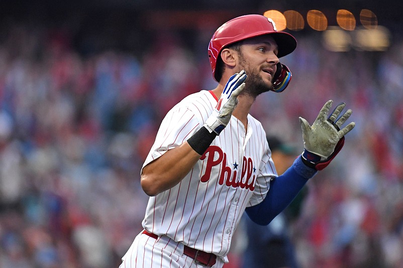 Aug 18, 2025; Philadelphia, Pennsylvania, USA; Philadelphia Phillies shortstop Trea Turner (7) celebrates  his three-run home run during the second inning against the Seattle Mariners at Citizens Bank Park. Mandatory Credit: Eric Hartline-Imagn Images