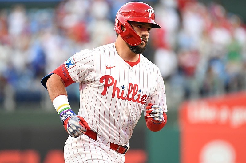 Aug 19, 2025; Philadelphia, Pennsylvania, USA; Philadelphia Phillies outfielder Kyle Schwarber (12) runs the bases after hitting a home run during the first inning against the Seattle Mariners at Citizens Bank Park. Mandatory Credit: Eric Hartline-Imagn Images