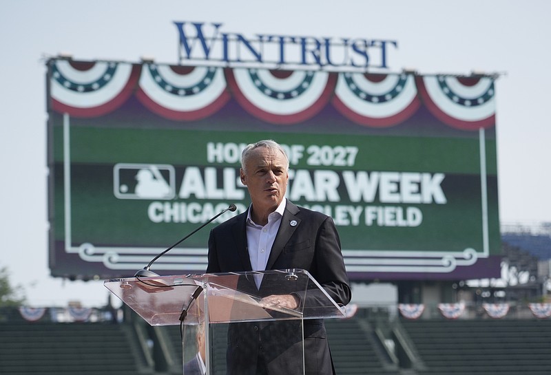 Aug 1, 2025; Chicago, IL, USA;  Baseball commissioner Rob Manfred announces Major League Baseball and the Chicago Cubs will host the 2027 All Star game at Wrigley Field. Mandatory Credit: David Banks-Imagn Images