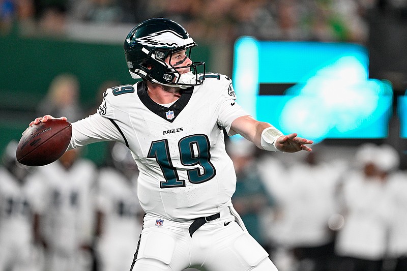 Aug 22, 2025; East Rutherford, New Jersey, USA; Philadelphia Eagles quarterback Kyle McCord (19) looks to pass the ball during the first quarter against the New York Jets at MetLife Stadium. Mandatory Credit: Mark Smith-Imagn Images