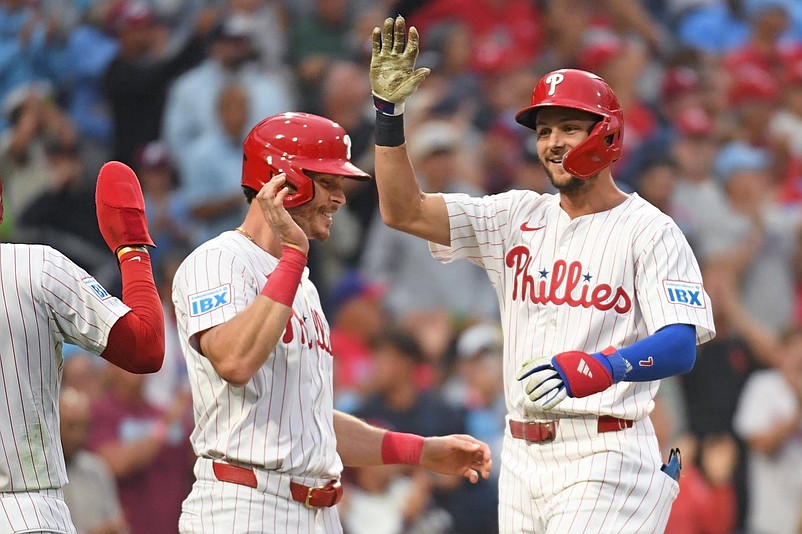 Aug 18, 2025; Philadelphia, Pennsylvania, USA; Philadelphia Phillies shortstop Trea Turner (7) celebrates  his three-run home run during the second inning against the Seattle Mariners at Citizens Bank Park. Mandatory Credit: Eric Hartline-Imagn Images