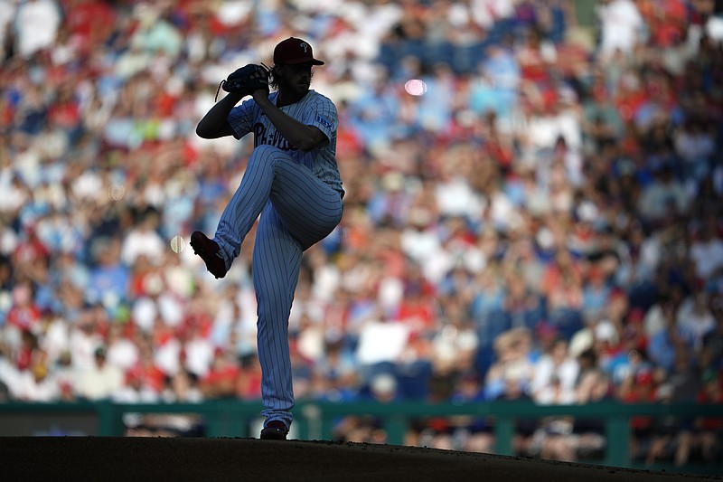 Aug 23, 2025; Philadelphia, Pennsylvania, USA; Philadelphia Phillies pitcher Aaron Nola (27) delivers a pitch against the Washington Nationals during the first inning at Citizens Bank Park. Mandatory Credit: Gregory Fisher-Imagn Images