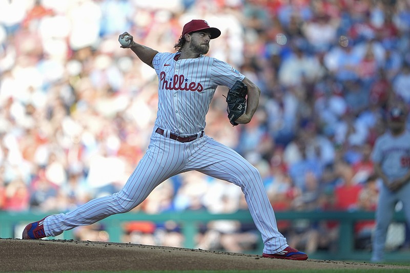 Aug 23, 2025; Philadelphia, Pennsylvania, USA; Philadelphia Phillies pitcher Aaron Nola (27) delivers a pitch against the Washington Nationals during the first inning at Citizens Bank Park. Mandatory Credit: Gregory Fisher-Imagn Images