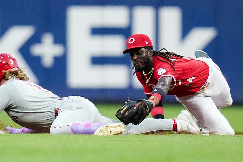 Philadelphia Phillies outfielder Harrison Bader (2) steals second base in the ninth inning of a MLB game between the Cincinnati Reds and Philadelphia Phillies, Monday, Aug. 11, 2025, at Great American Ball Park in downtown Cincinnati. Phillies won 4-1.