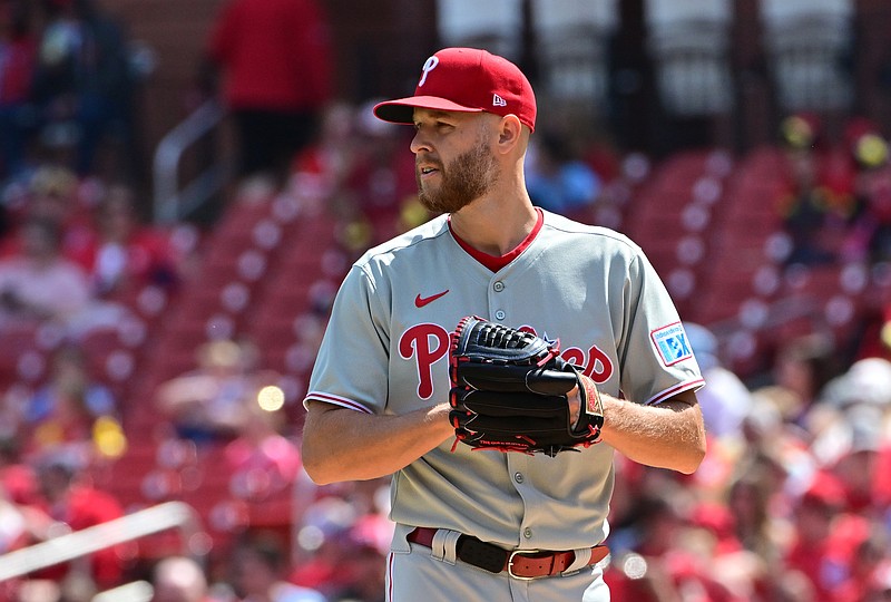 Apr 13, 2025; St. Louis, Missouri, USA; Philadelphia Phillies pitcher Zack Wheeler (45) looks to the outfield before pitching against the St. Louis Cardinals at Busch Stadium. Mandatory Credit: Tim Vizer-Imagn Images