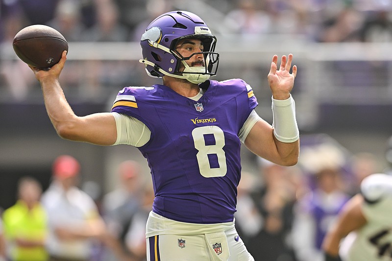 Aug 9, 2025; Minneapolis, Minnesota, USA; Minnesota Vikings quarterback Sam Howell (8) throws a pass against the Houston Texans during the second quarter at U.S. Bank Stadium. Mandatory Credit: Jeffrey Becker-Imagn Images
