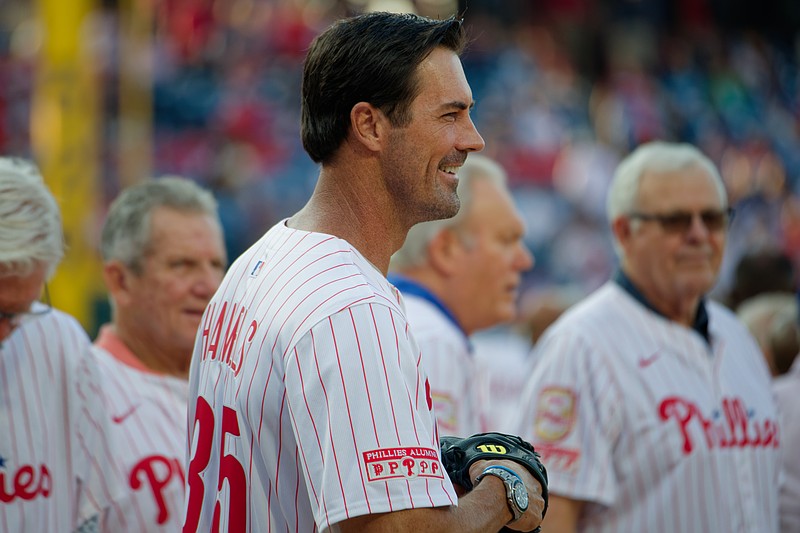 Aug 3, 2025; Philadelphia, Pennsylvania, USA; 2008 World Series MVP Cole Hamels smiles during Toyota Phillies Alumni Night at Citizens Bank Park. (Grace Del Pizzo/On Pattison)