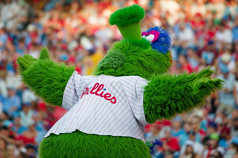 Aug 3, 2025; Philadelphia, Pennsylvania, USA; The Phillie Phanatic looks to the sky before the Philadelphia Phillies' game against the Detroit Tigers at Citizens Bank Park. (Grace Del Pizzo/On Pattison)