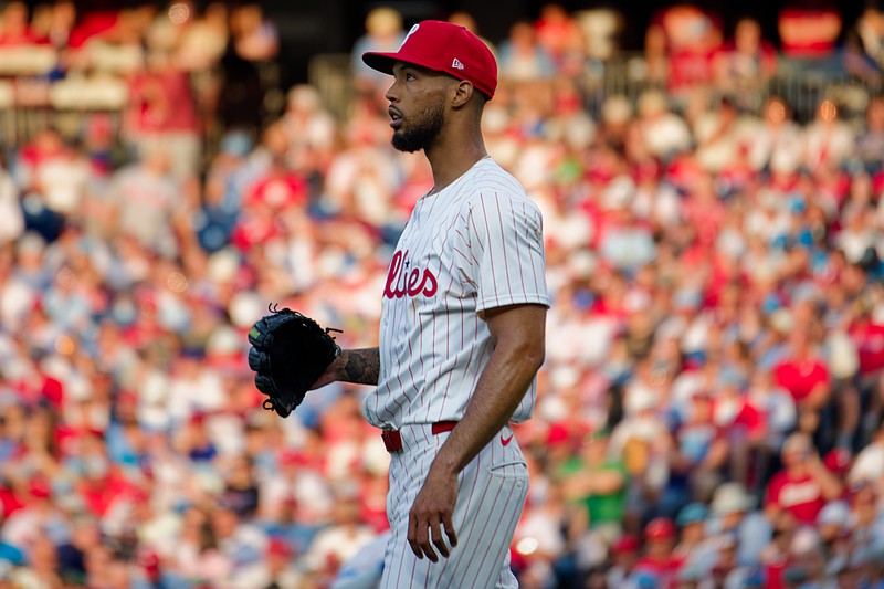 Aug 3, 2025; Philadelphia, Pennsylvania, USA; Philadelphia Phillies pitcher Cristopher Sanchez walks to the mound against the Detroit Tigers at Citizens Bank Park. (Grace Del Pizzo/On Pattison)