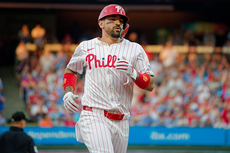 Aug 3, 2025; Philadelphia, Pennsylvania, USA; Philadelphia Phillies outfielder Nick Castellanos runs to third base against the Detroit Tigers at Citizens Bank Park. (Grace Del Pizzo/On Pattison)
