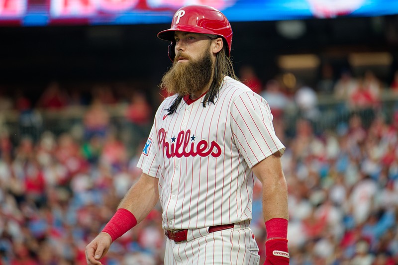Aug 3, 2025; Philadelphia, Pennsylvania, USA; Philadelphia Phillies outfielder Brandon Marsh walks to third base against the Detroit Tigers at Citizens Bank Park. (Grace Del Pizzo/On Pattison)